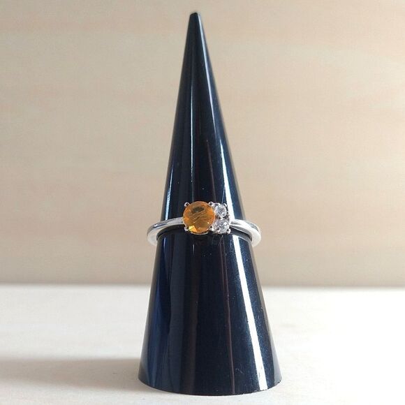 Fire Opal & Zircon Ring In Platinum Over Sterling - Picture 2 of 9